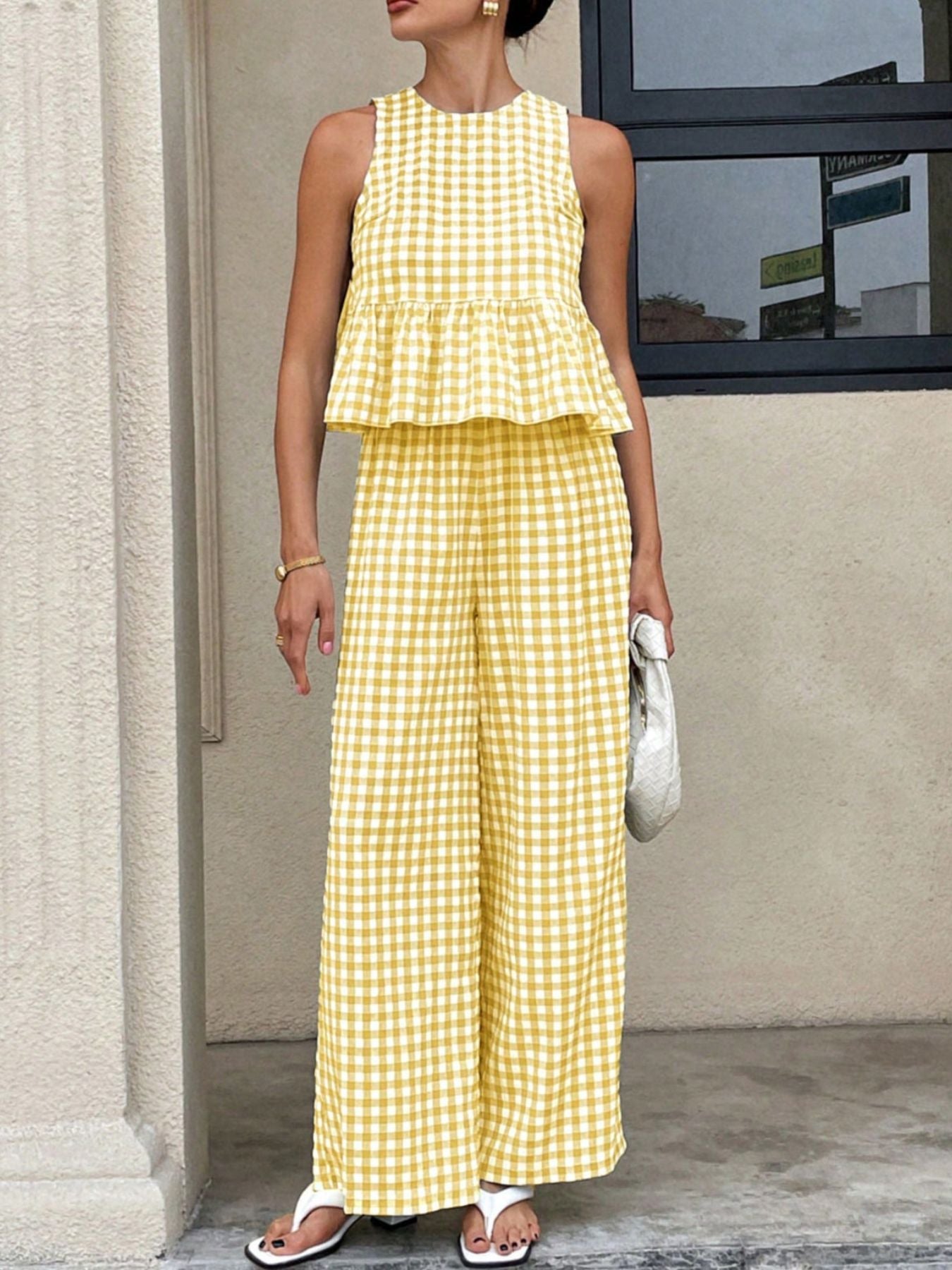 Gingham Sleeveless Top and Wide-Leg Pants Set