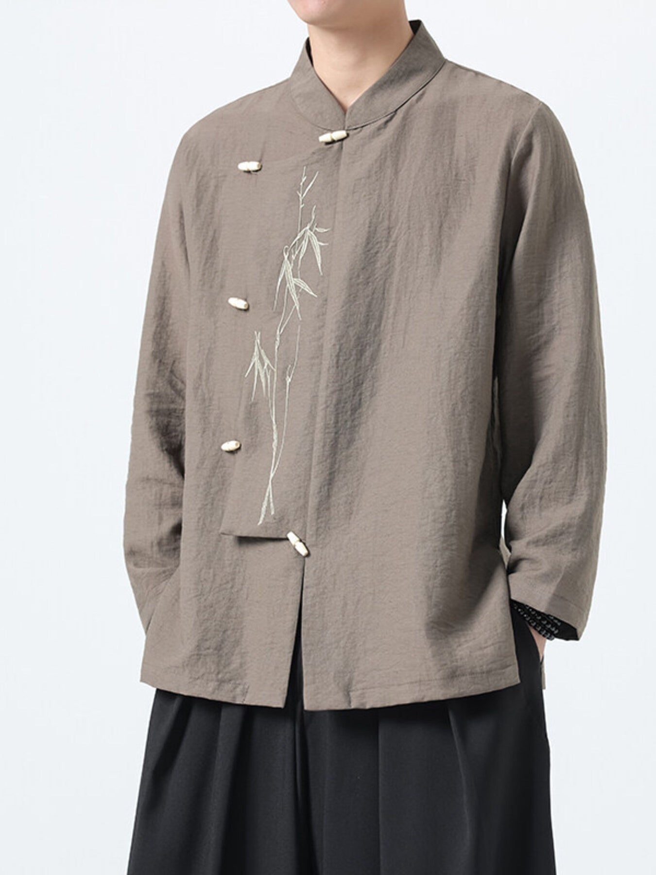 Men's Plus Size Chinese Style Embroidered Bamboo Linen Shirt