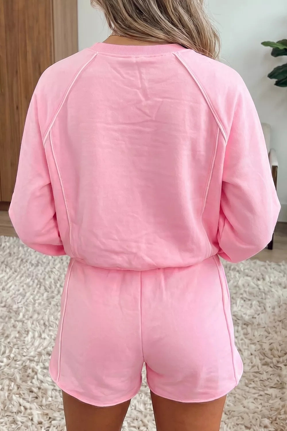 Piping Trim Long Sporty Pullover Drawstring Elastic Waist Shorts Set