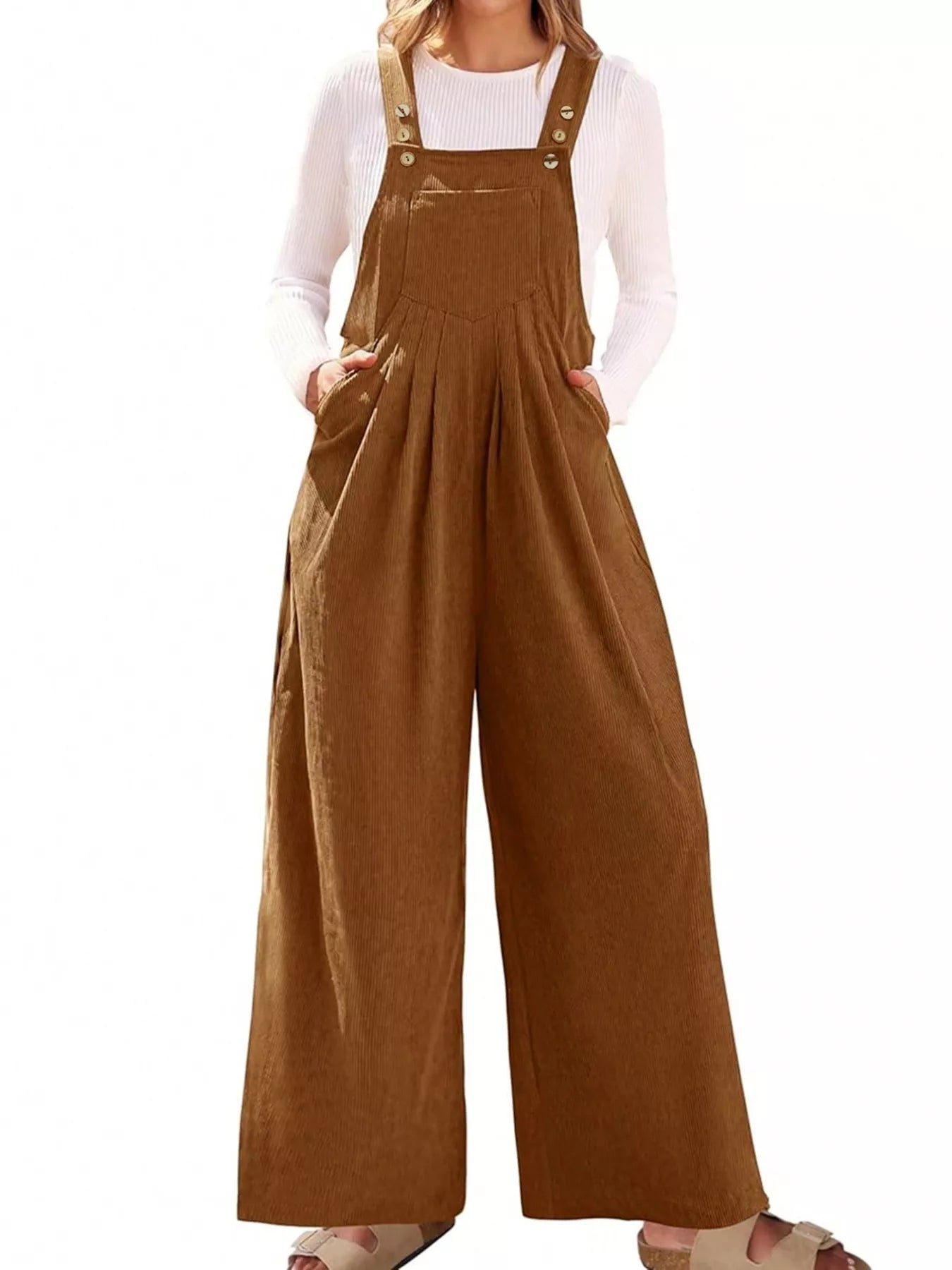 Front Ruched Wide Leg Jumpsuit with Pockets