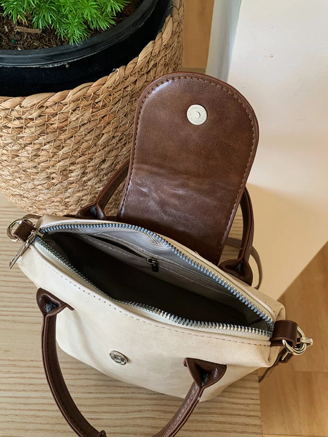 Two-Tone Flap Decor Crossbody Bag with Charm