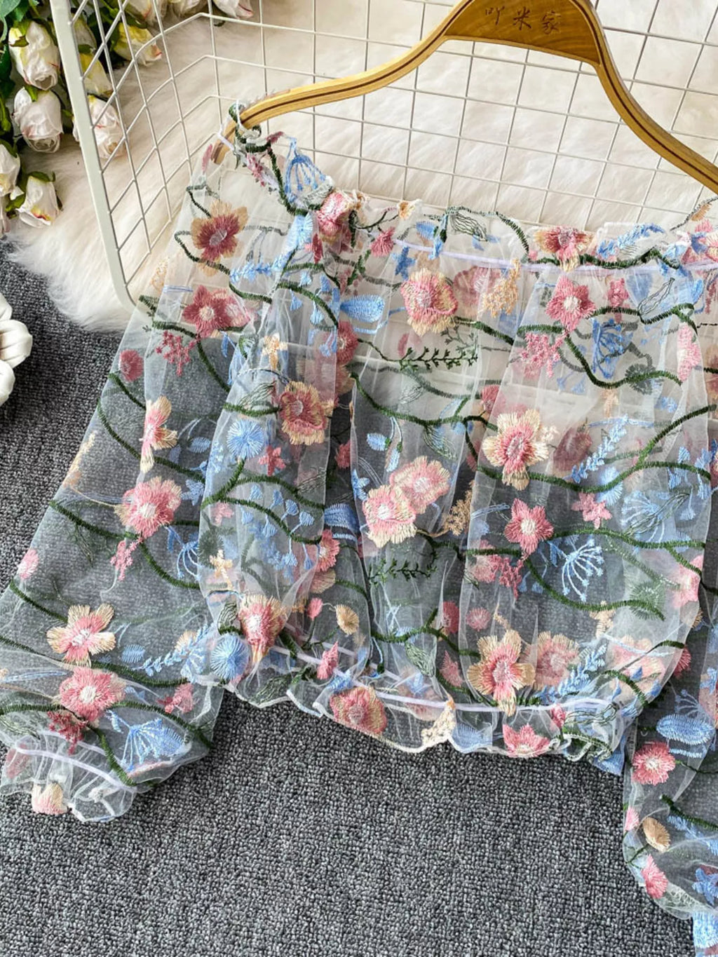 Floral Embroidered Mesh Off-Shoulder Top