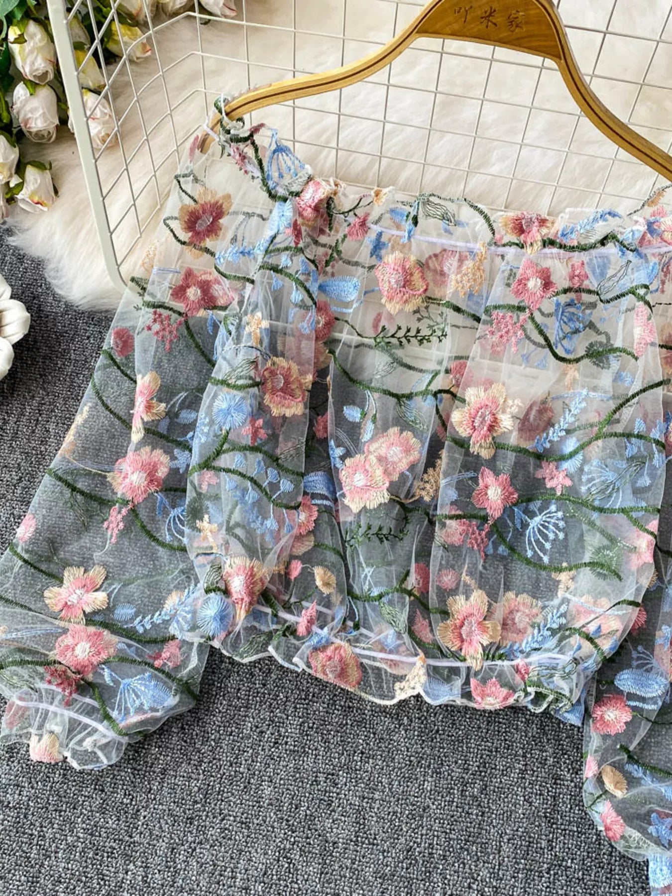 Floral Embroidered Mesh Off-Shoulder Top