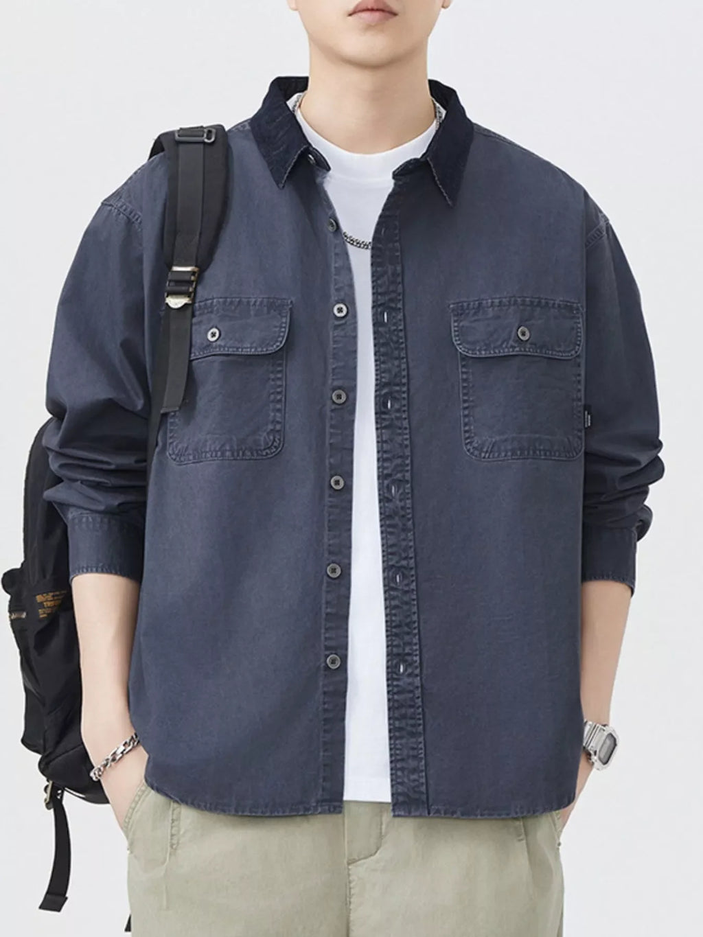 Men's Plus Size Button Up Shacket with Dual Chest Pockets