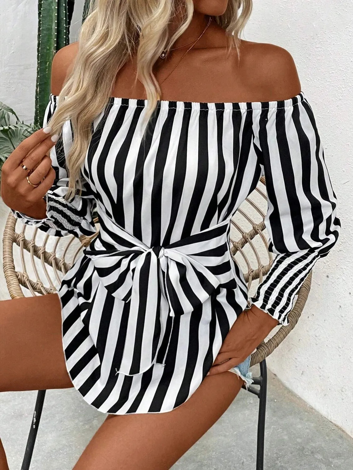 Striped Off-Shoulder Long Sleeve Blouse