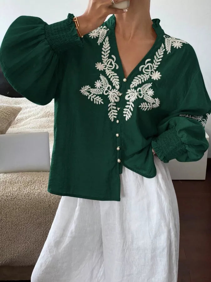 Embroidered Notched Long Sleeve Blouse