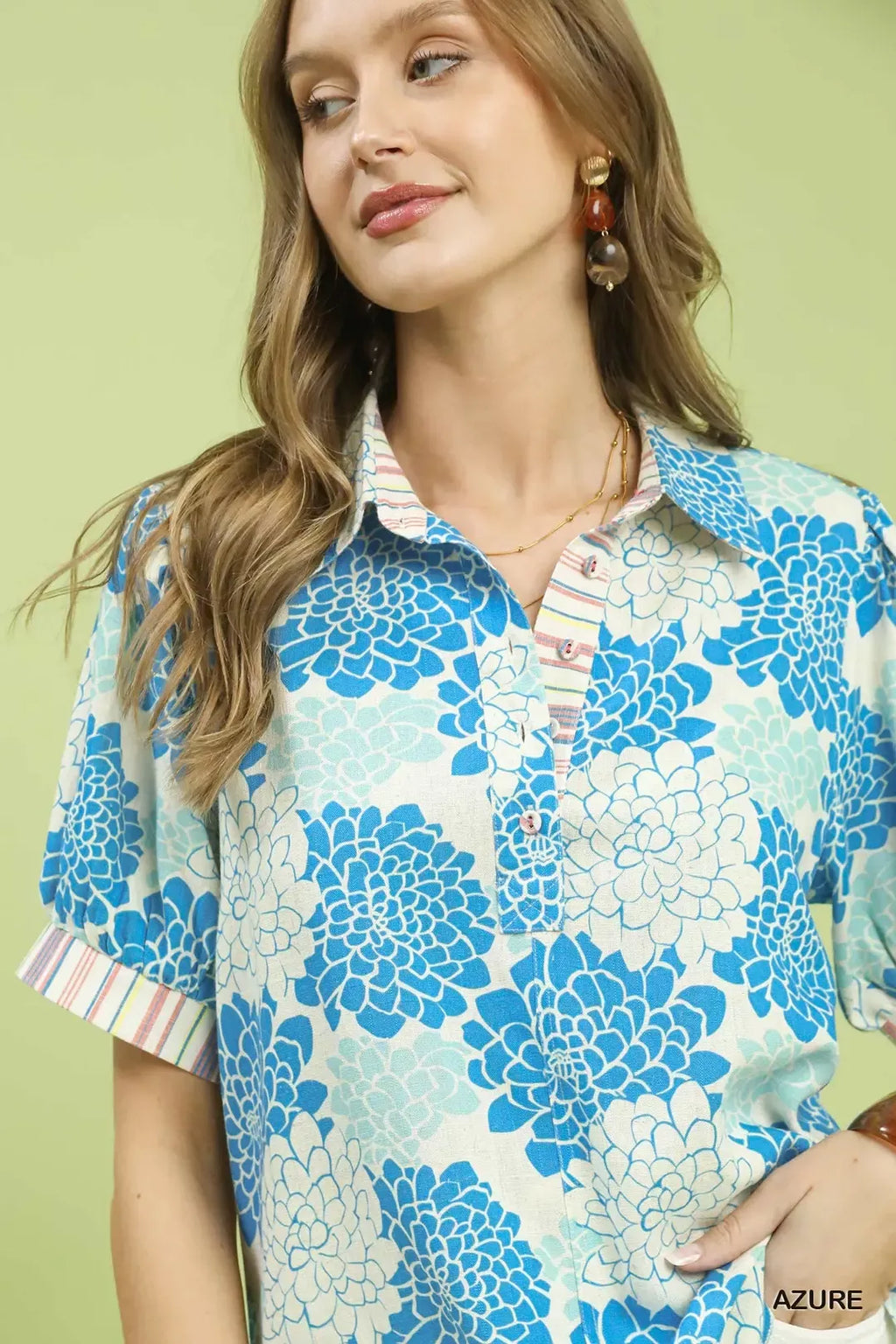Umgee Floral Collared Short Sleeve Blouse
