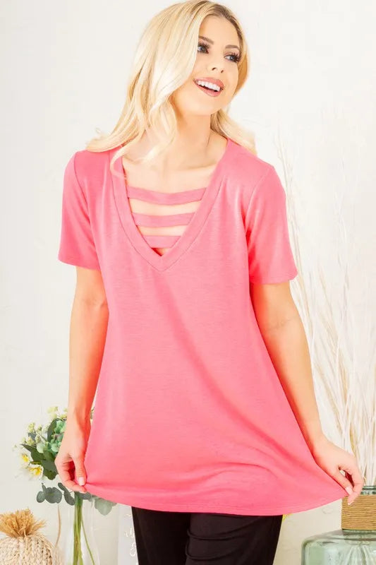 Heimish Full Size V-Neck Short Sleeve T-Shirt with Bar Detail Plus Size
