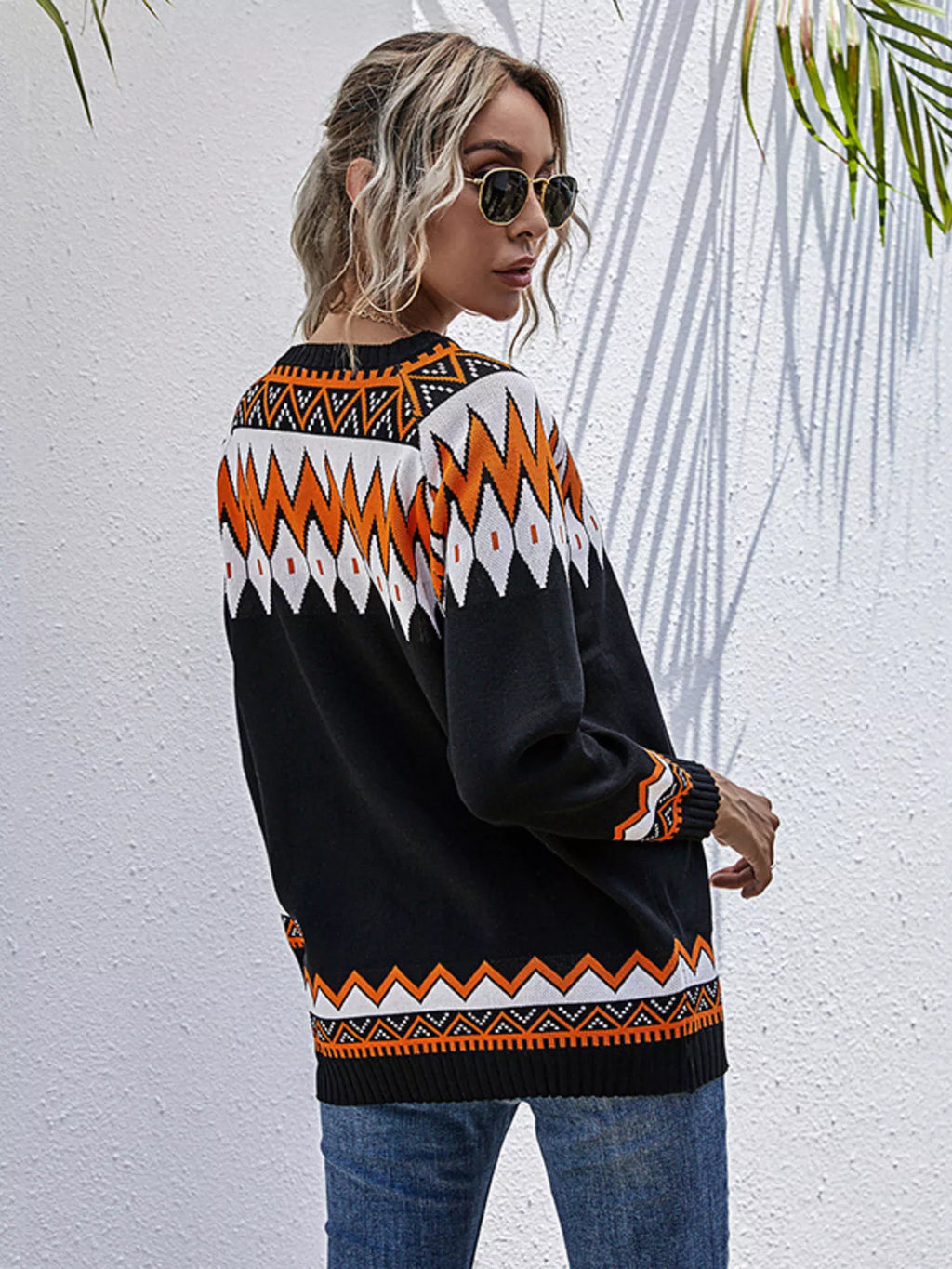 Geometric Pattern V-Neck Sweater