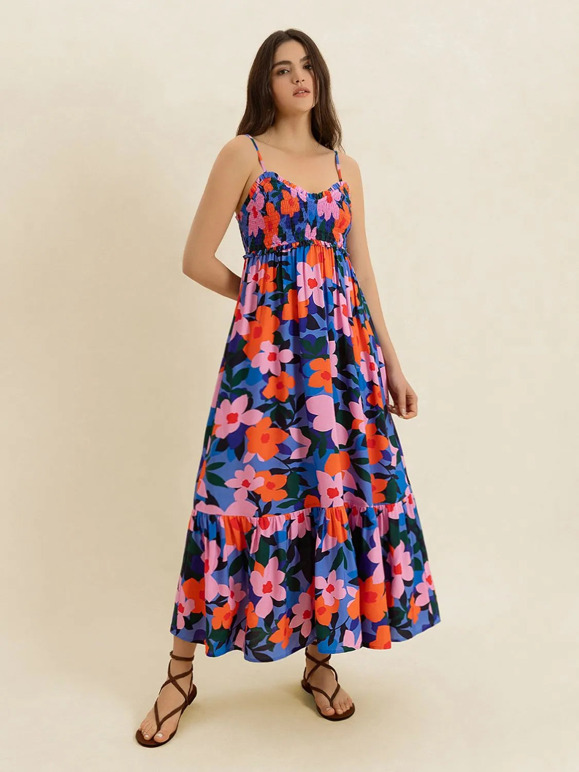 Smocked Back Ruffled Hem Printed Cami Dress