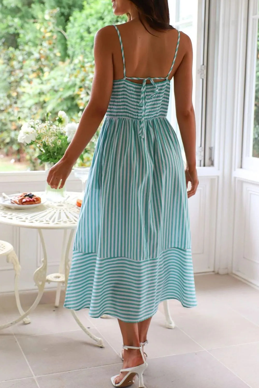 Smocked Back Striped Sleeveless Midi Dress