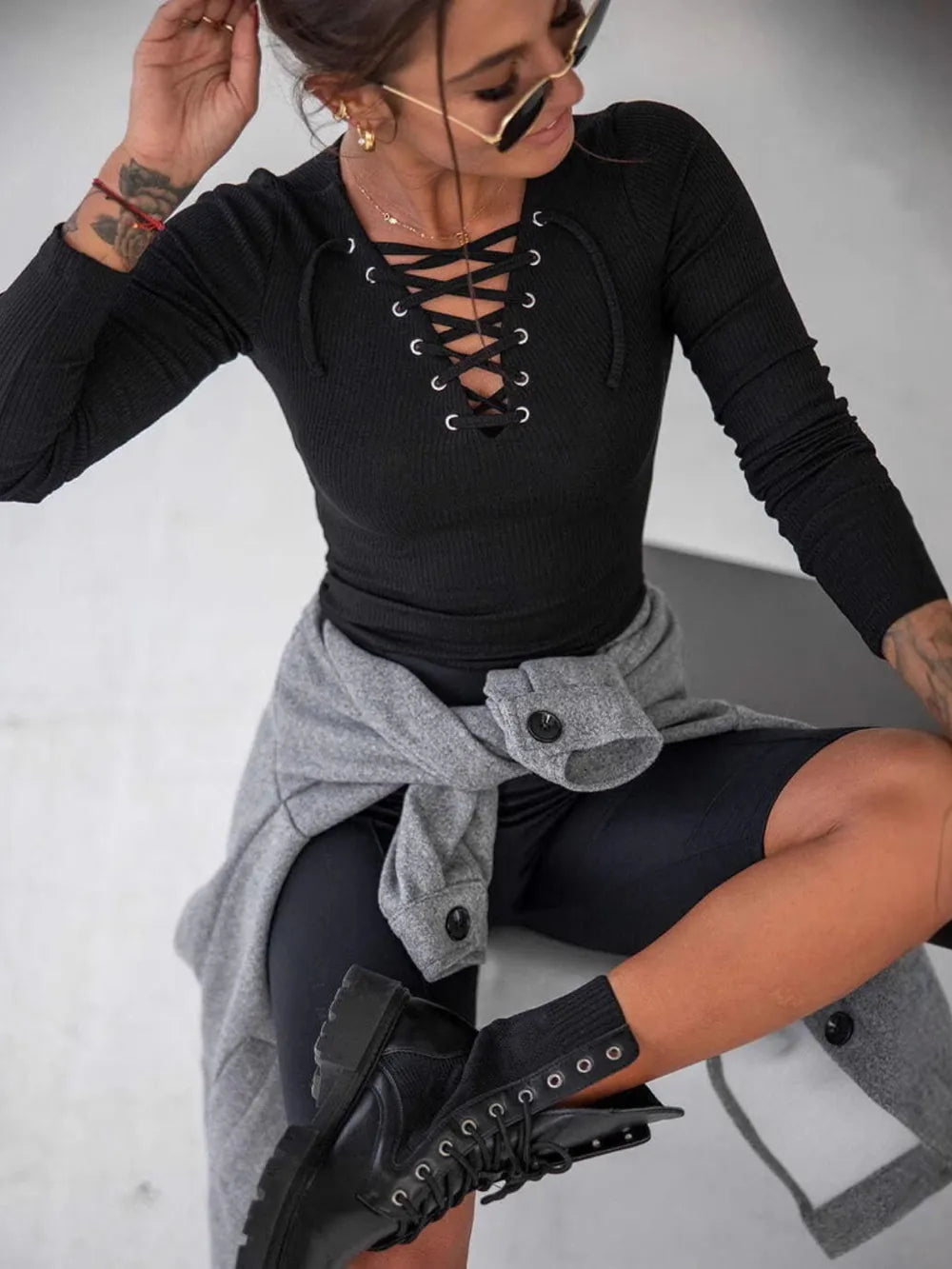 Lace Up Long Sleeve T-Shirt