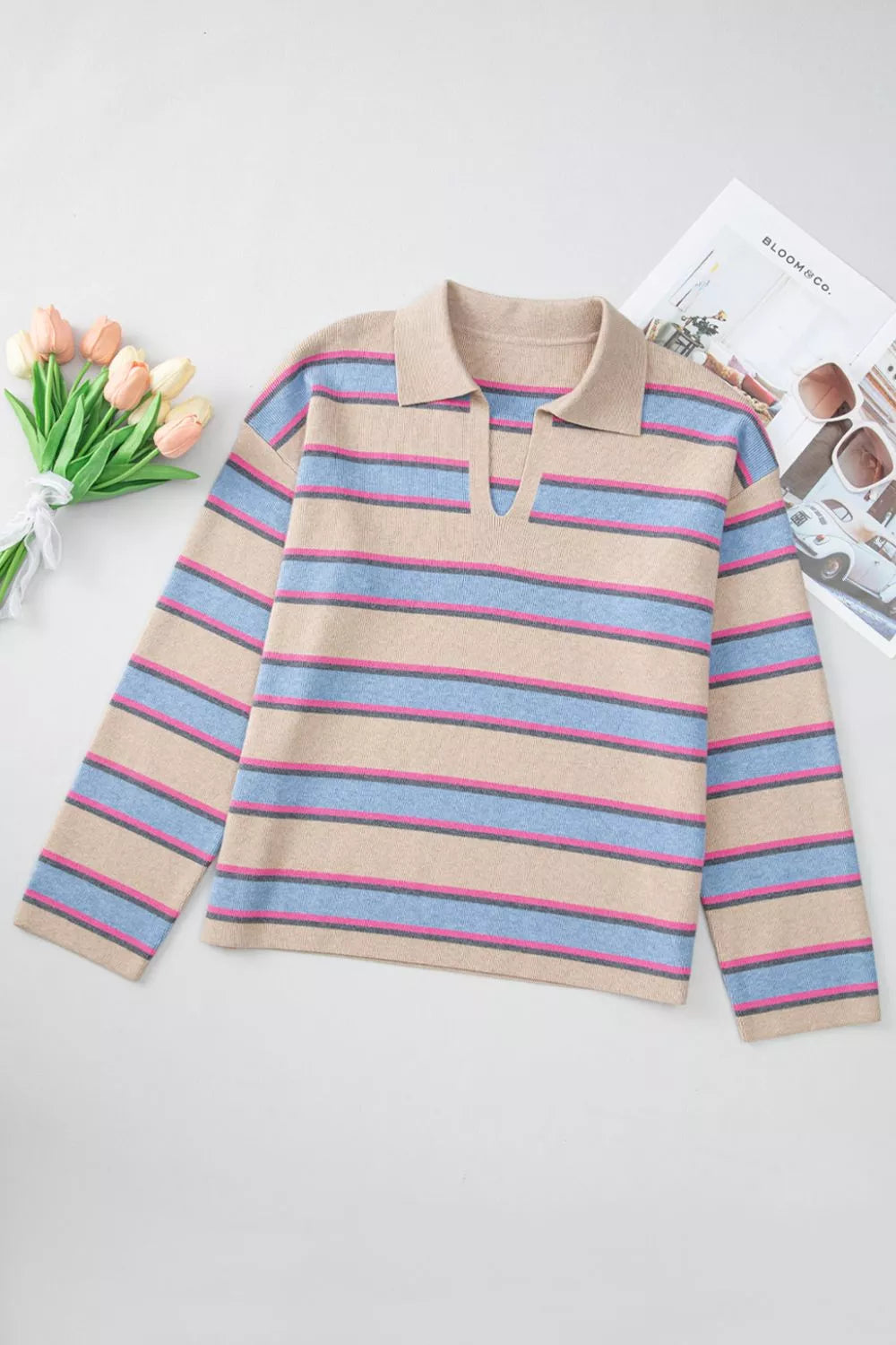 Striped Color Block Johnny Collar Sweater