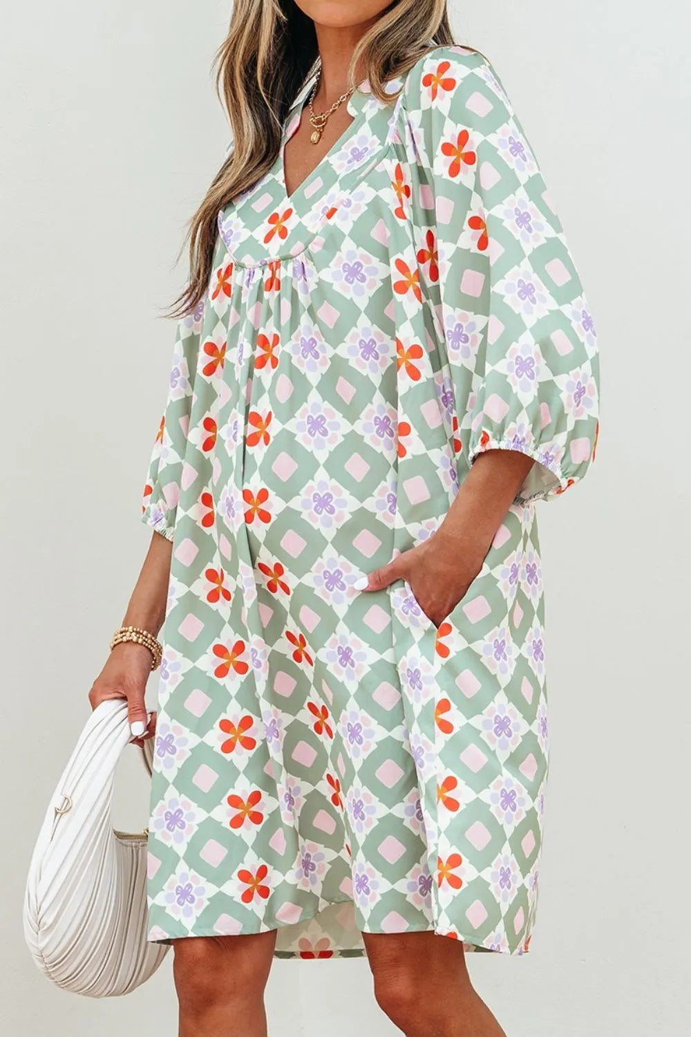 Printed Notched 3/4 Balloon Sleeves Loose Dress
