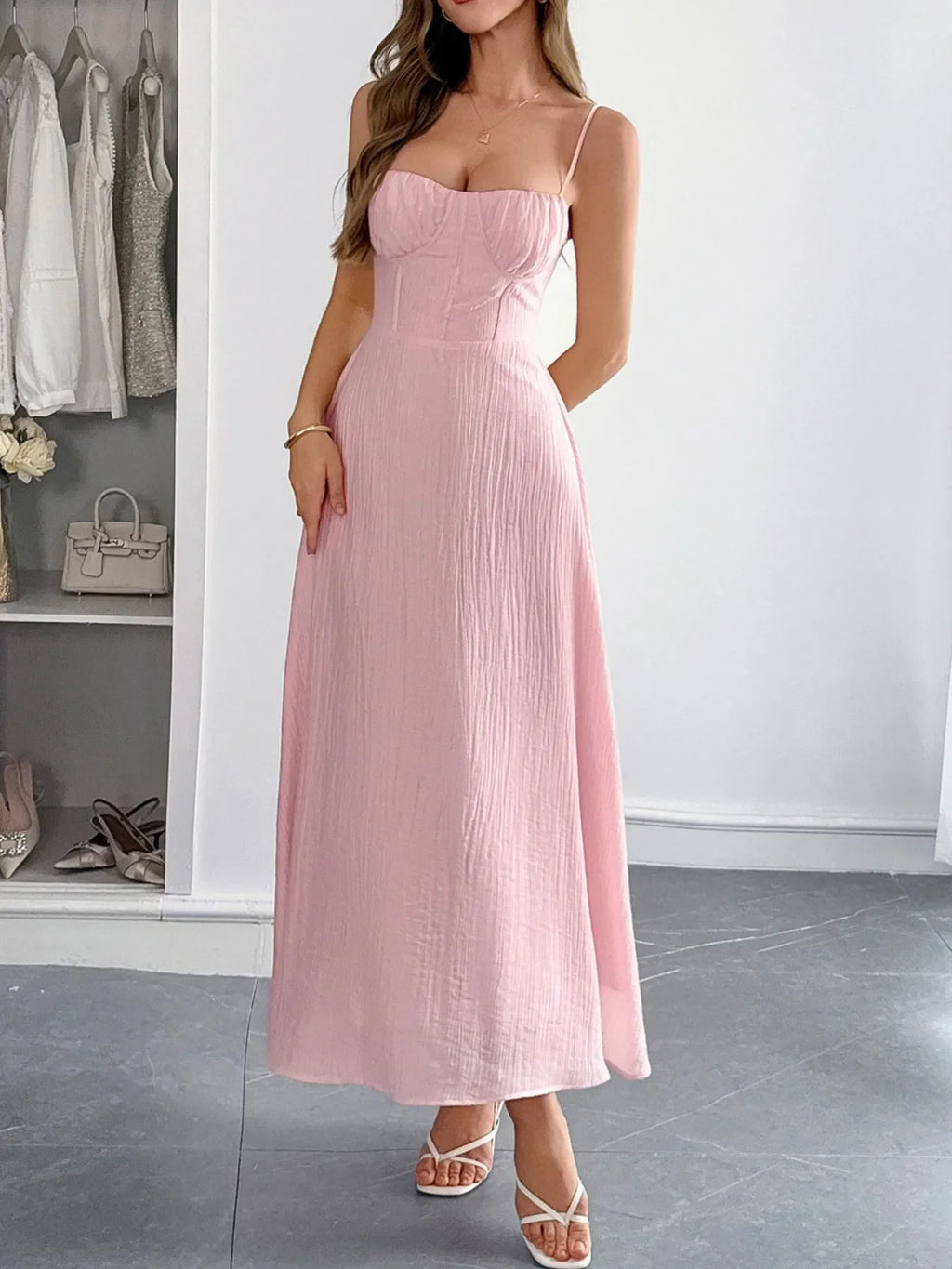 Texture Sweetheart Neck Backless Cami Dress