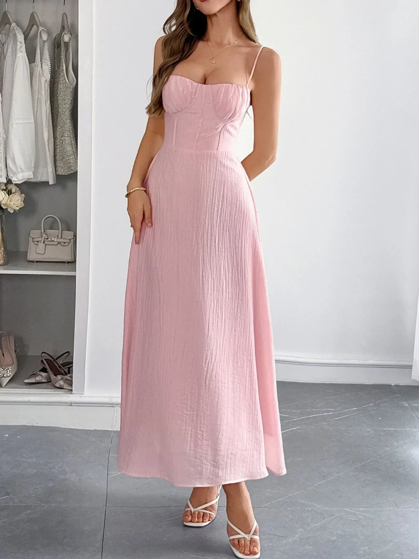 Texture Sweetheart Neck Backless Cami Dress