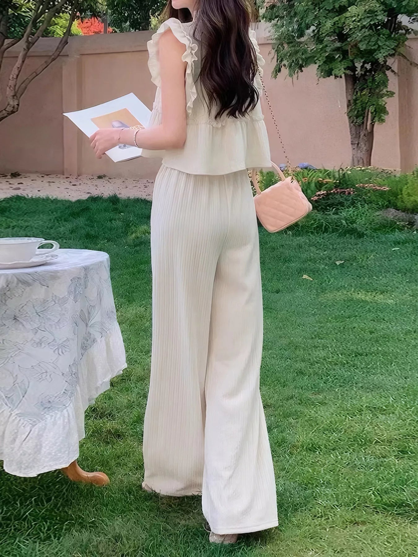 Ruffled Sleeveless Top and Wide Leg Pants Set