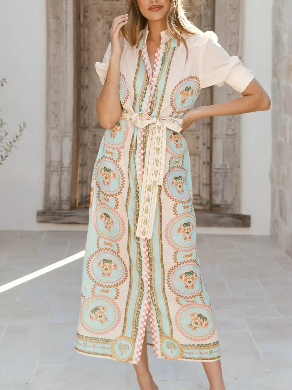 Printed Puff Sleeve Tie Waist Midi Dress