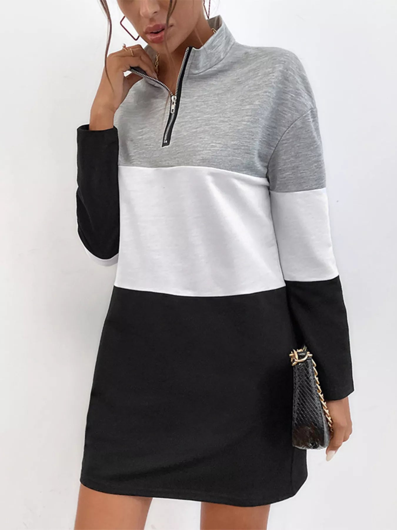 Color Block Zip Front Casual Dress