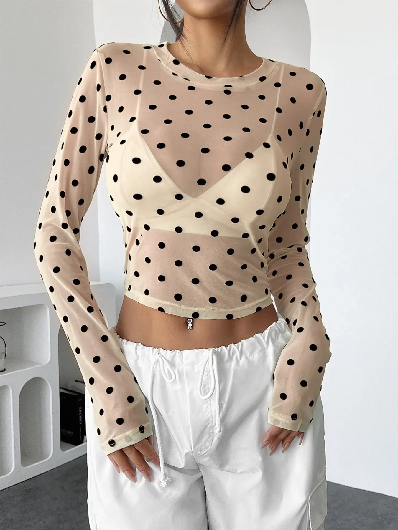 Polka Dot Mesh Long Sleeve Crop Top