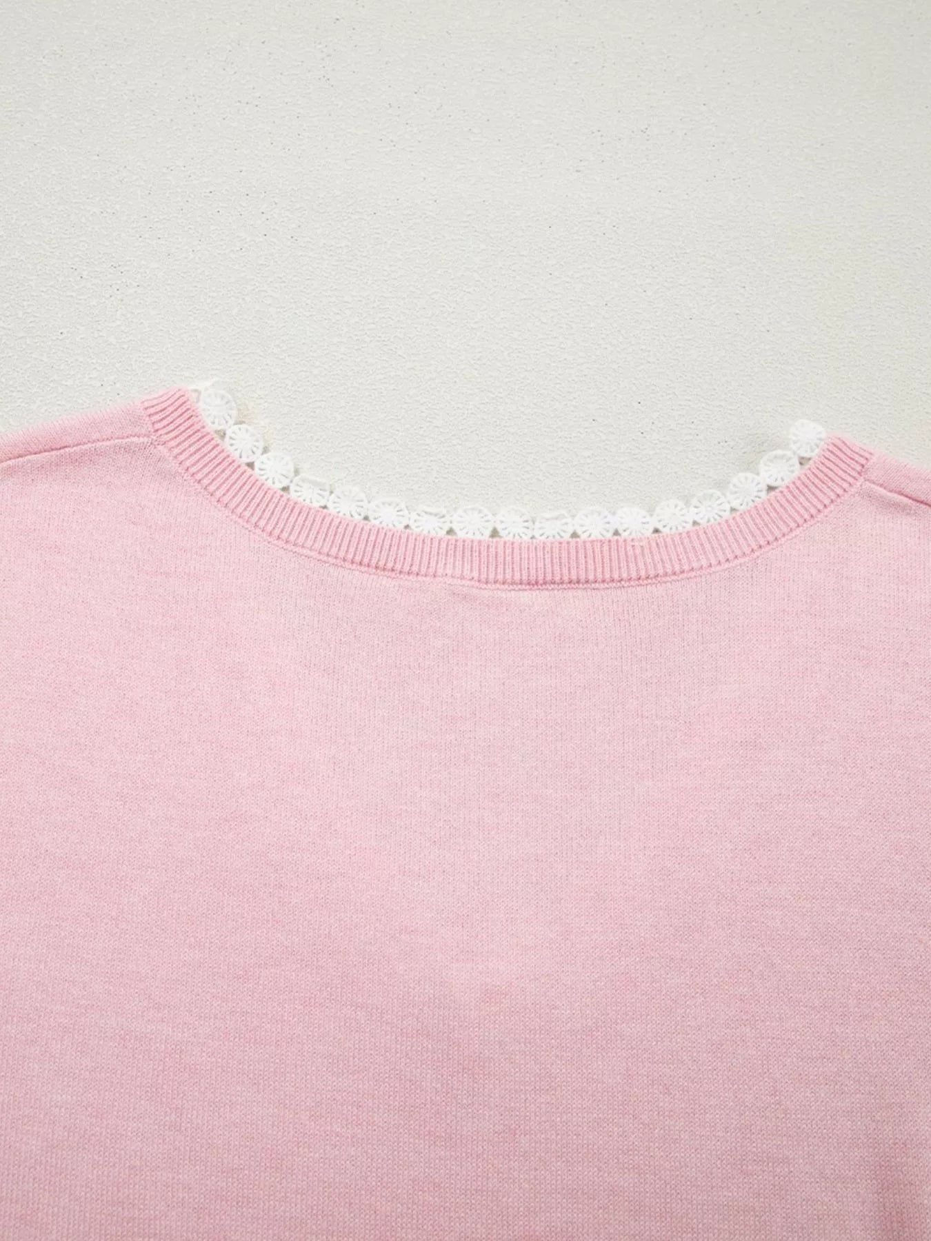 Lace V Neckline Short Sleeve Sweater