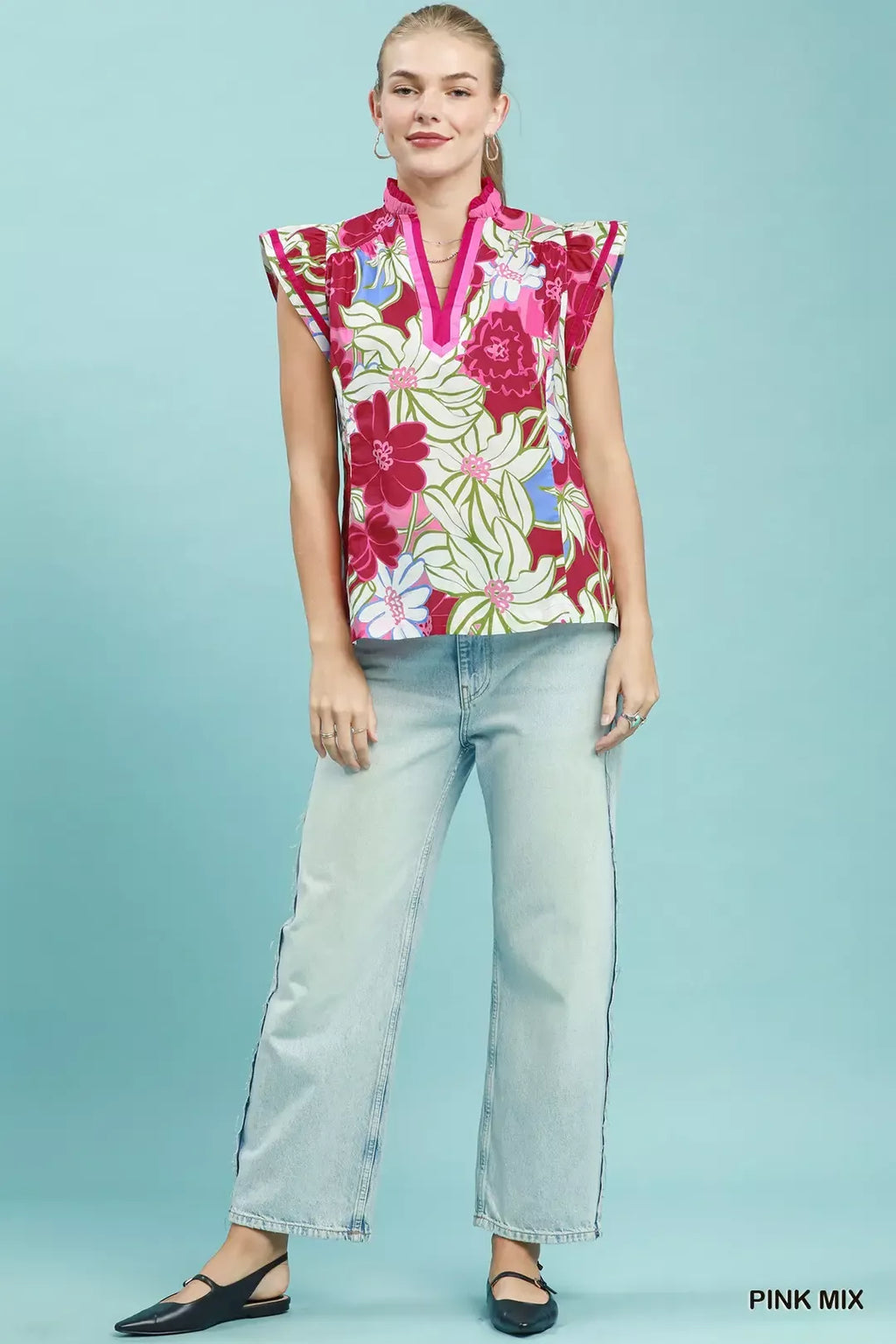 Umgee Bold Floral Flutter Sleeve Top