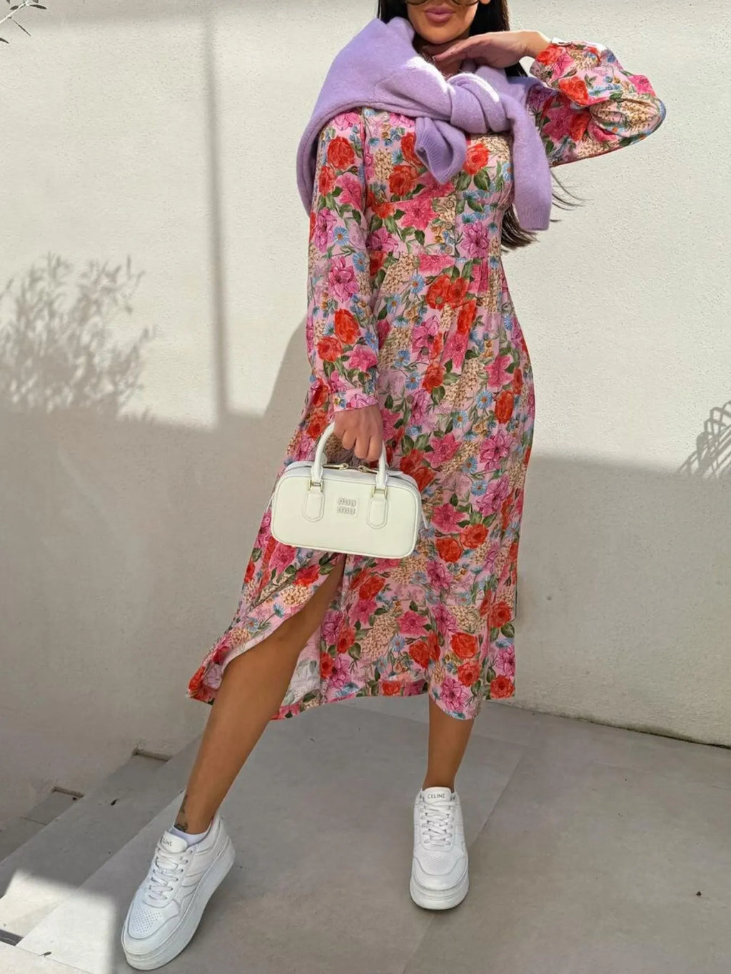 Floral Print Long Sleeve V-Neck Dress