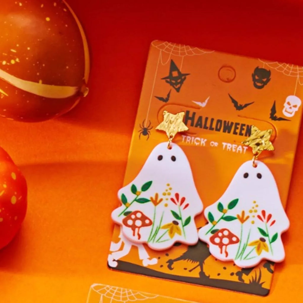 Whimsical Ghost Earrings with Floral Design
