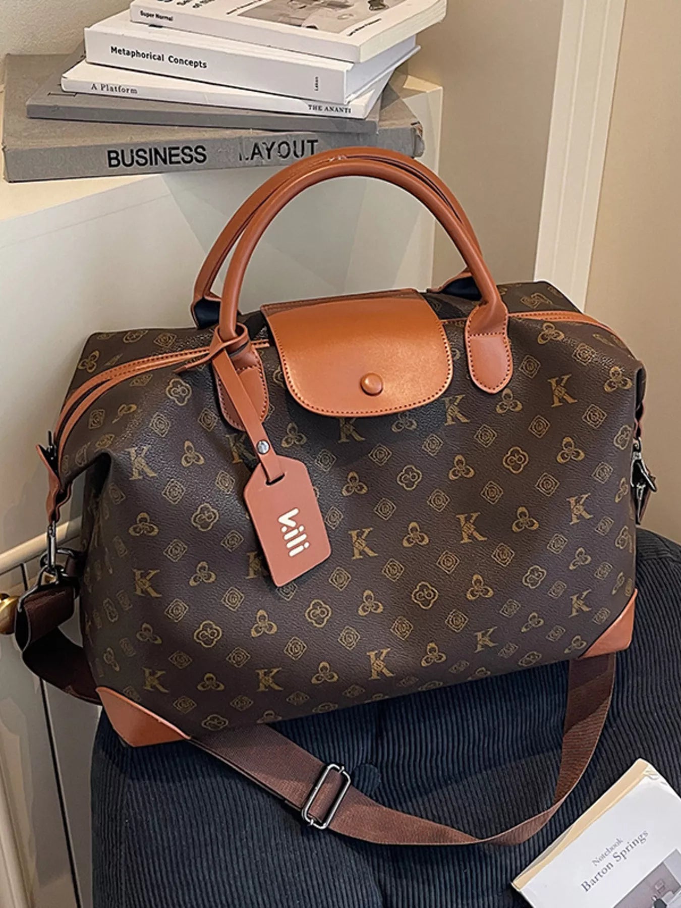 Patterned Leather Trim Crossbody Bag