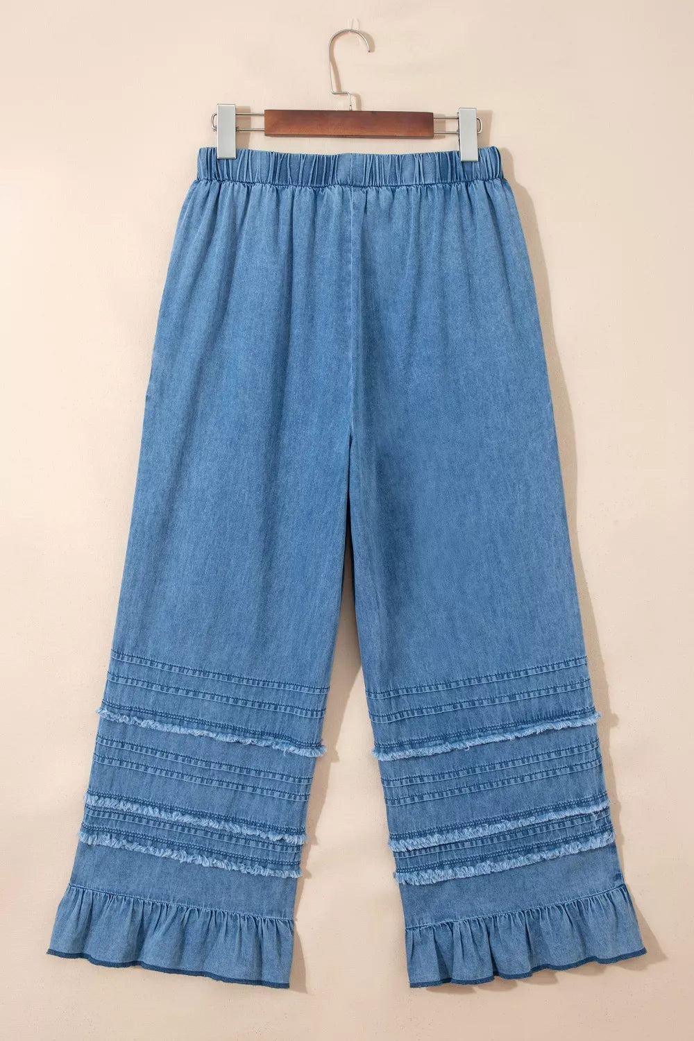 Ruffled Hem Wide Leg Chambray Pants