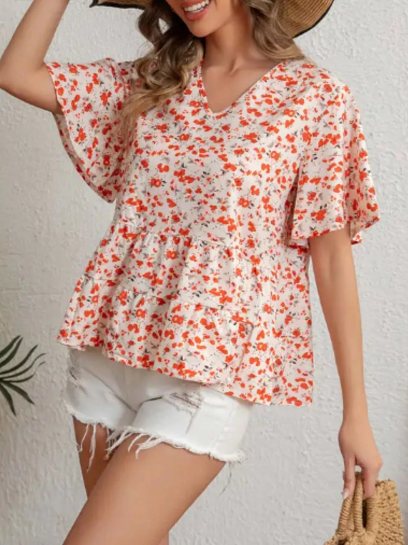 Floral Print V-Neck Ruffle Sleeve Peplum Blouse