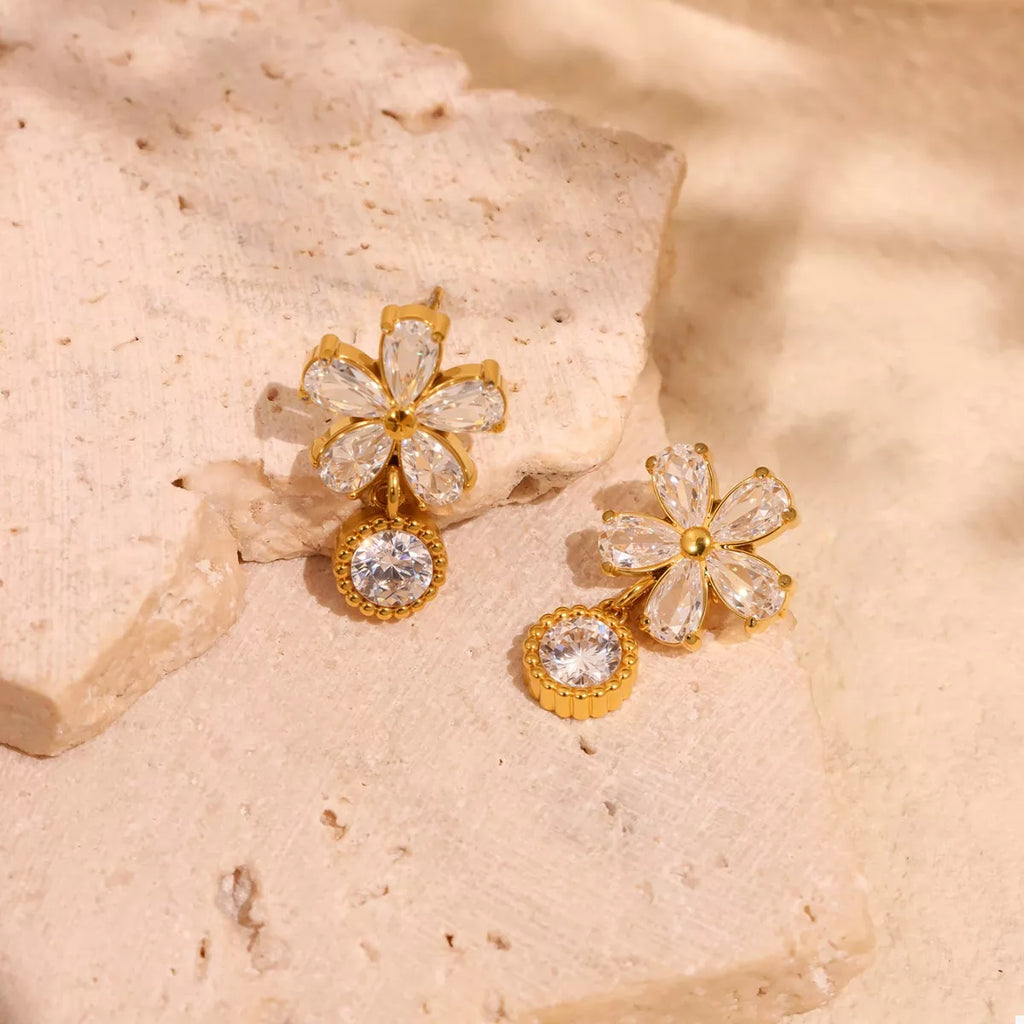 18K Gold-Plated Stainless Steel Zircon Flower Drop Earrings