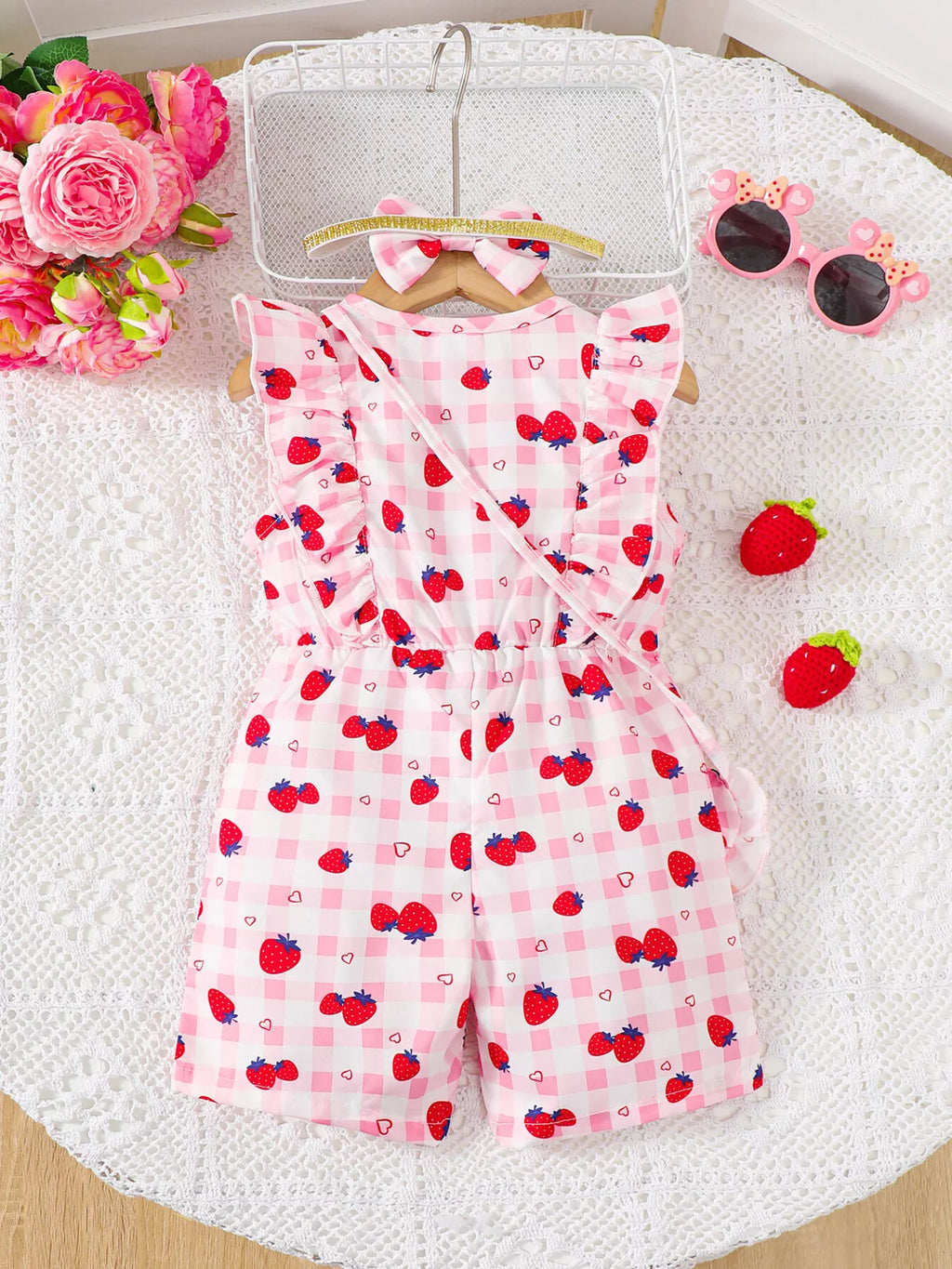 Children's Strawberry Print Ruffle Trim Jumpsuit & Headband Set