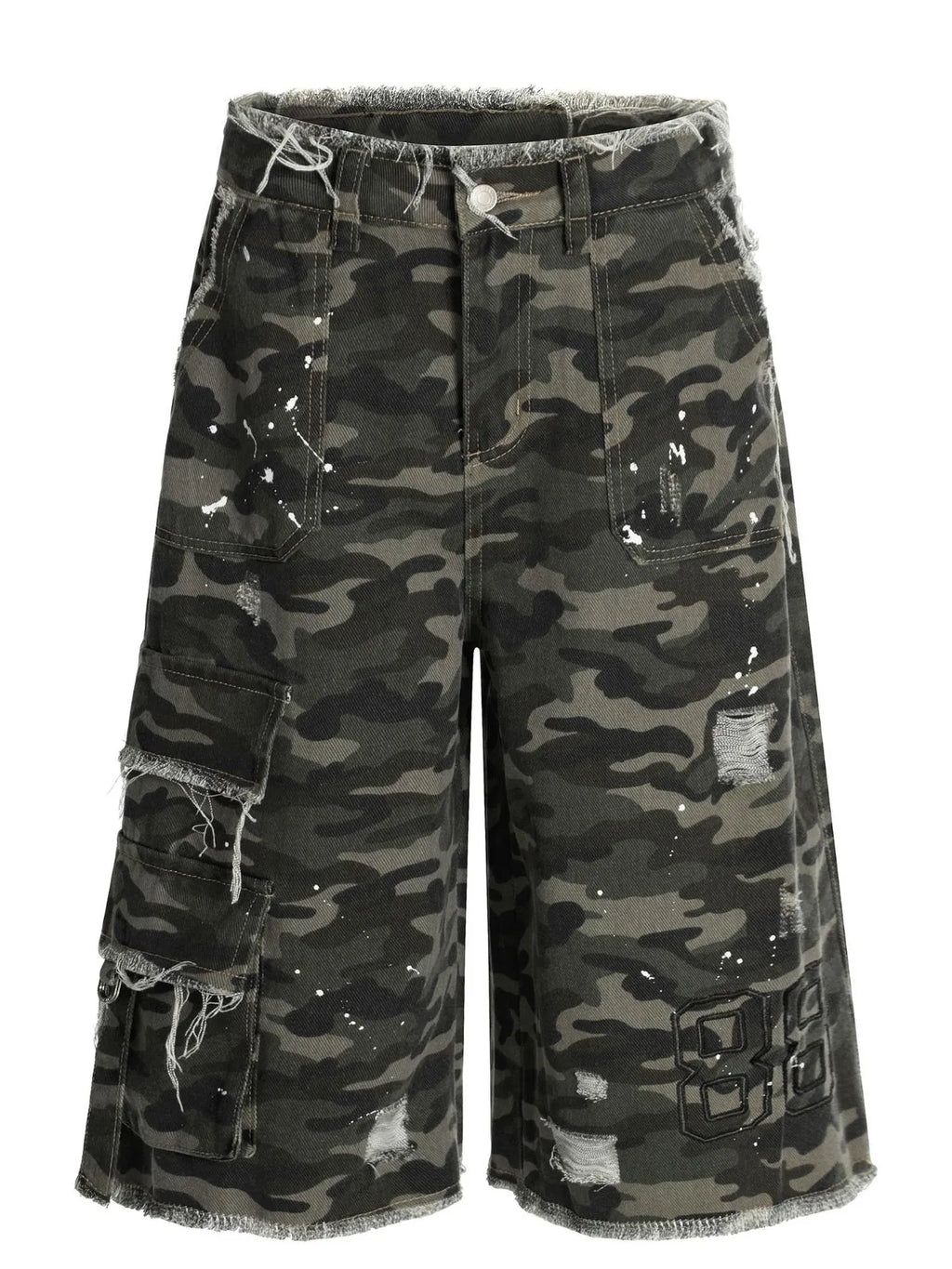 Men's Distressed Camo Print Cargo Denim Shorts