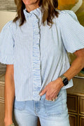 Striped Ruffle Short Bubble Sleeve Shirt