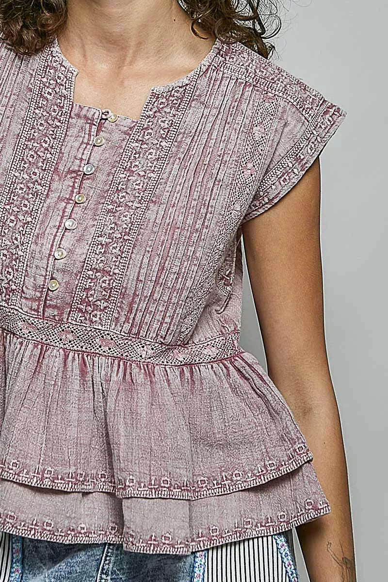 POL Eyelet Embroidery Pintuck Sleeveless Cotton Blouse