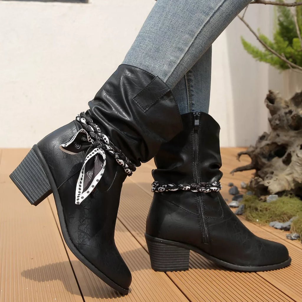 Braided Detail Western Boots with Block Heels