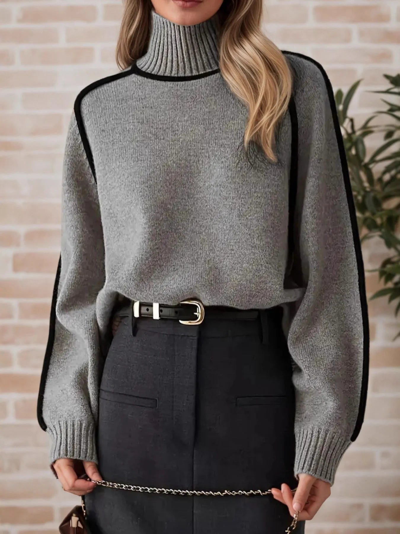 Contrast Trim Turtleneck Sweater