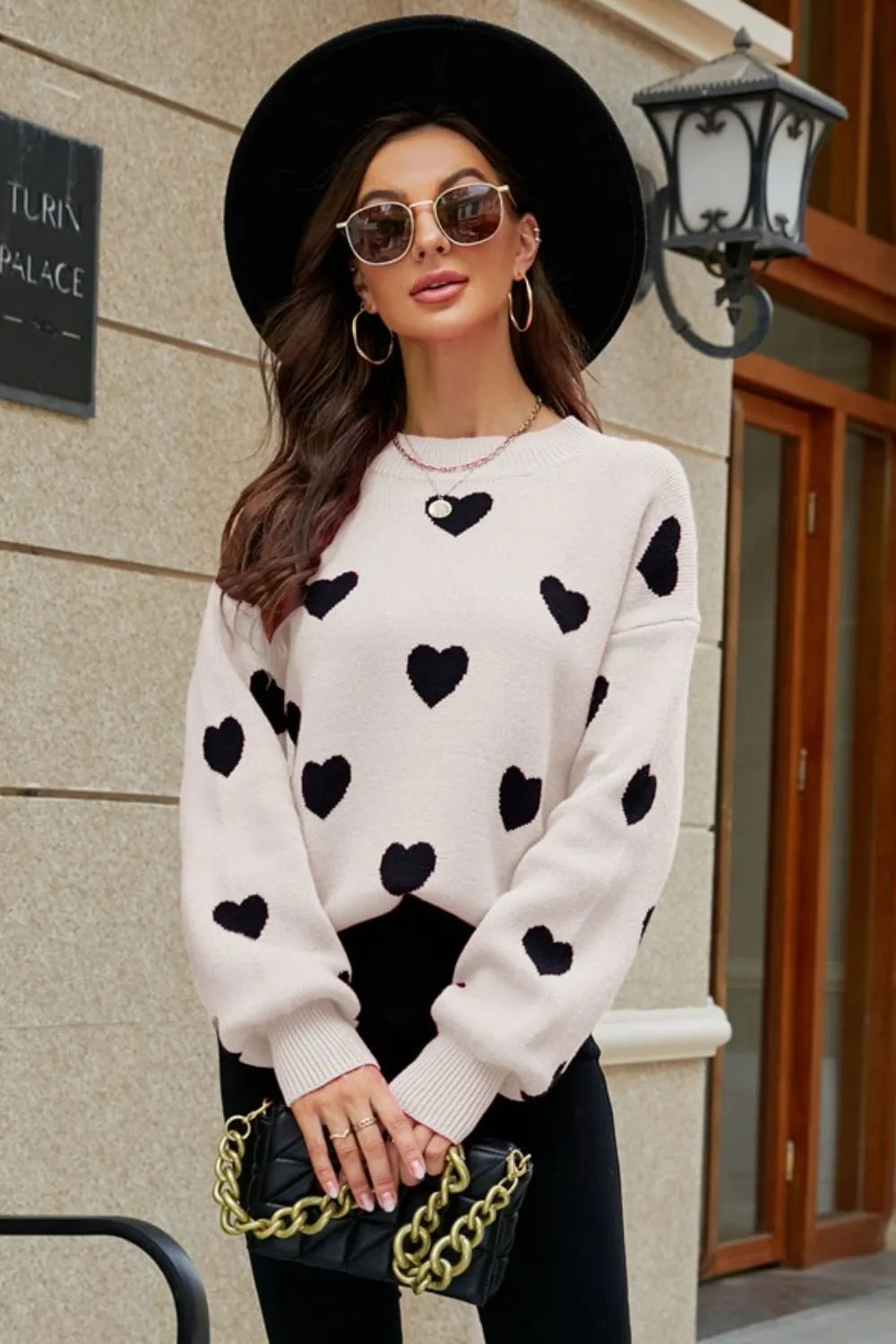 Heart Pattern Lantern Sleeve Round Neck Tunic Sweater