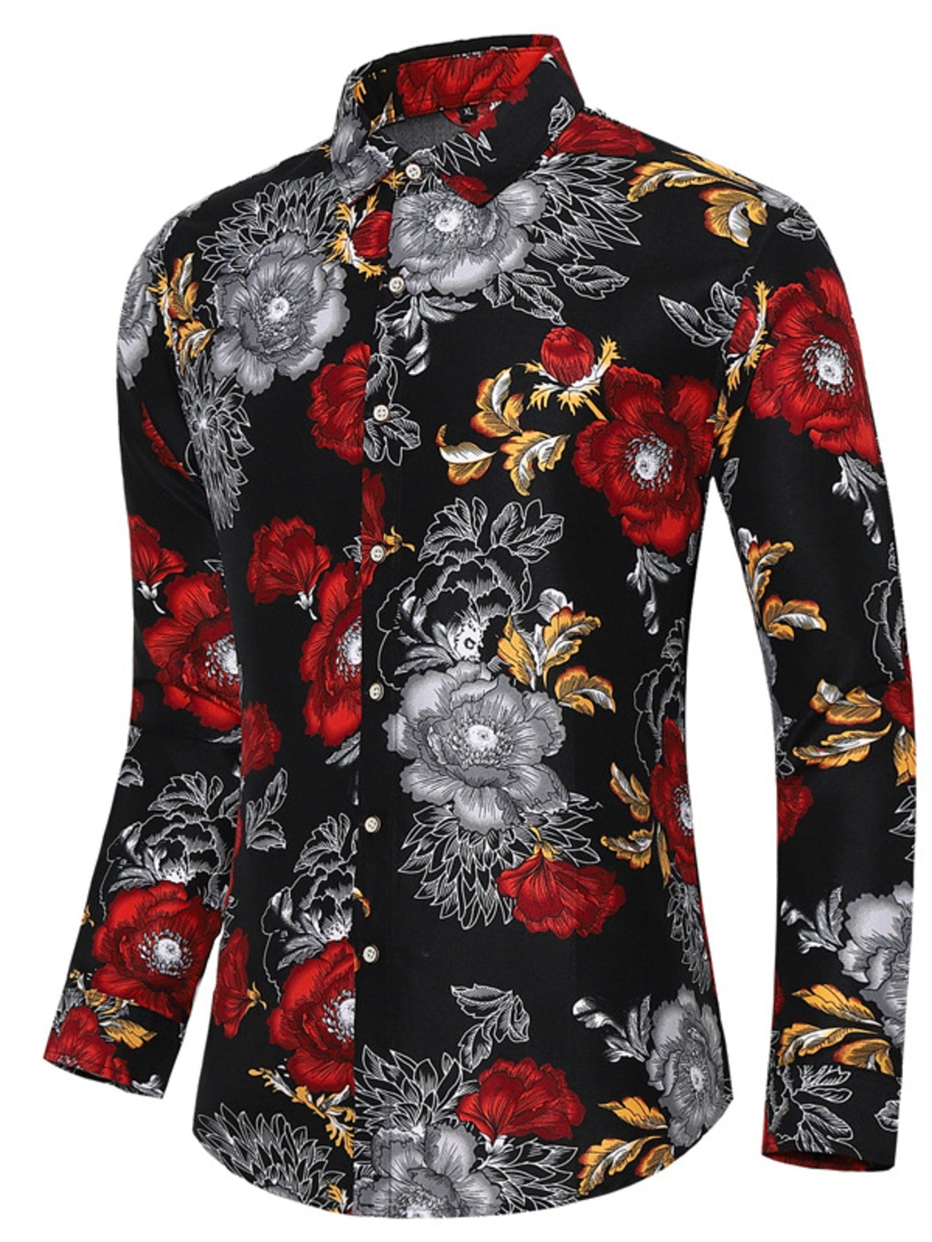 Men's Plus Size Floral Print Long Sleeve Button-Down Shirt