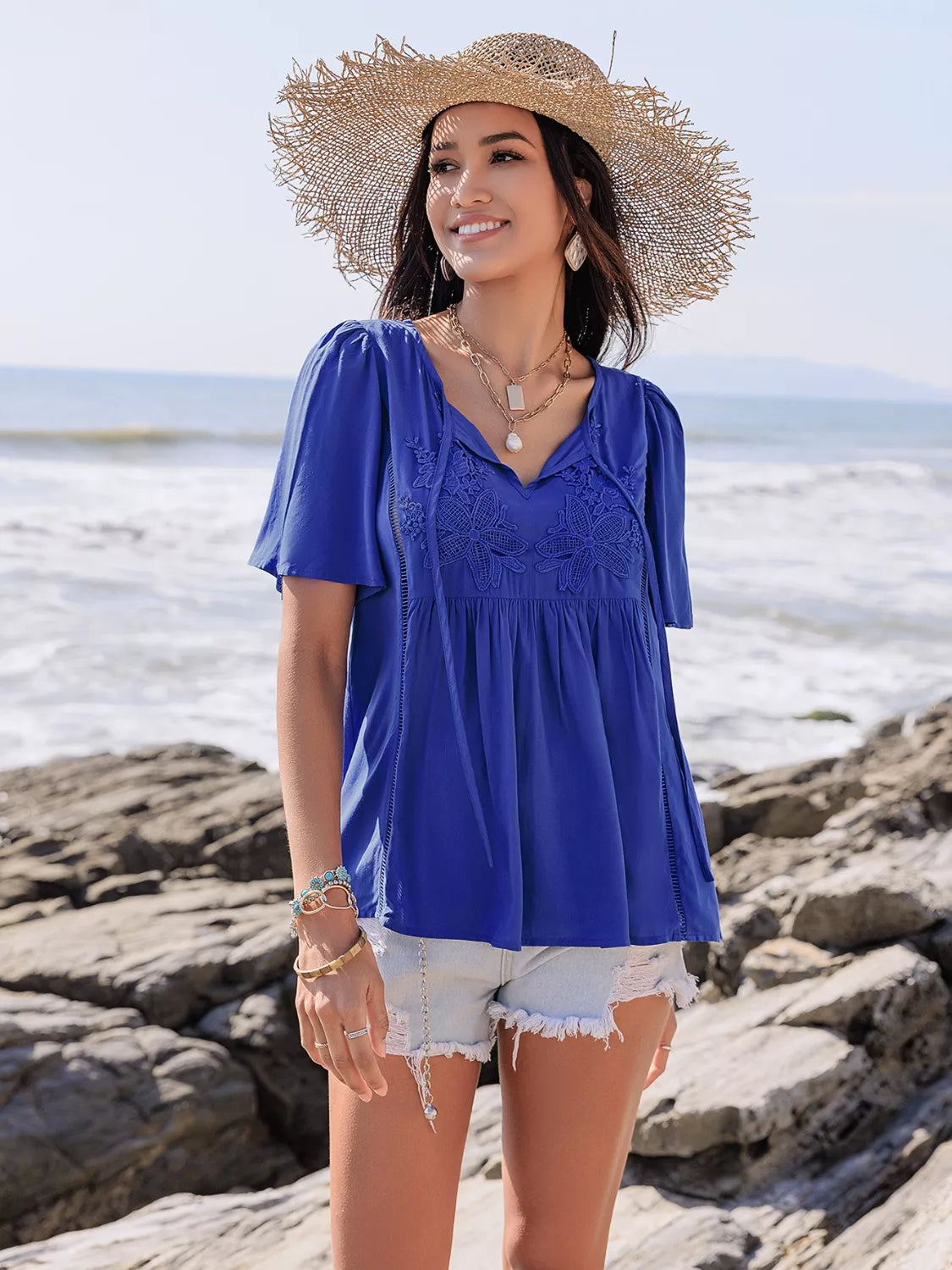 Lace Detail Tie Neck Short Sleeve Top