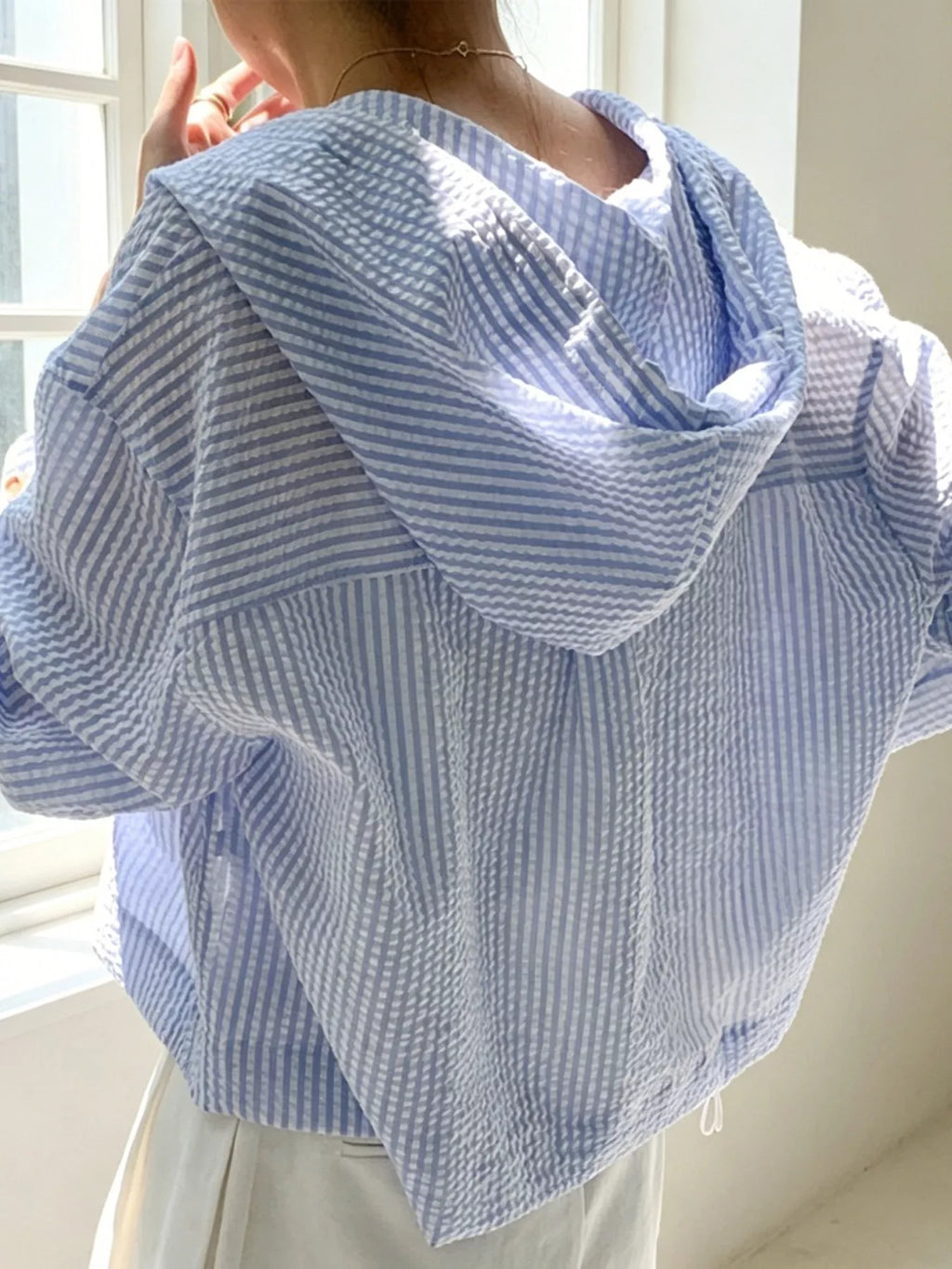 Striped Hooded Shirt with Drawstring Detail