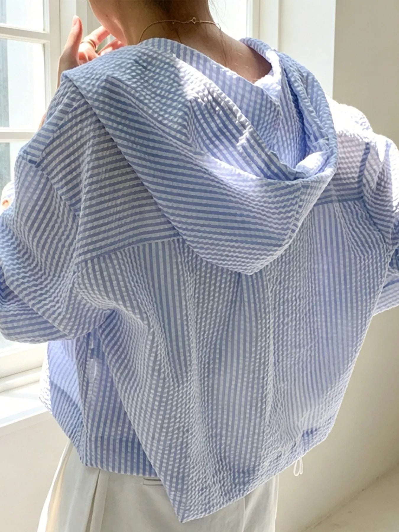 Striped Hooded Shirt with Drawstring Detail
