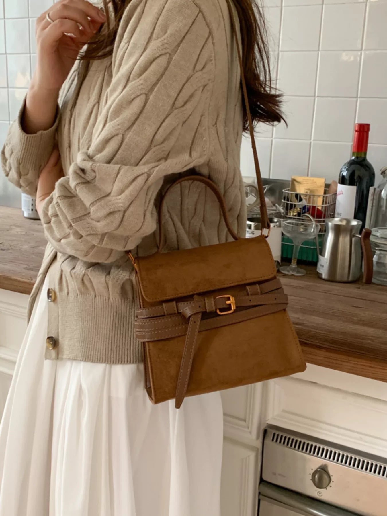 Suede Buckle Decor Crossbody Bag