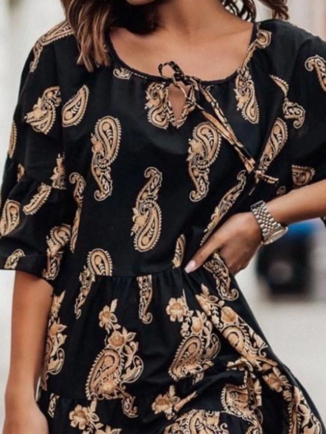 Paisley Print Tie Neck Half Sleeve Mini Dress