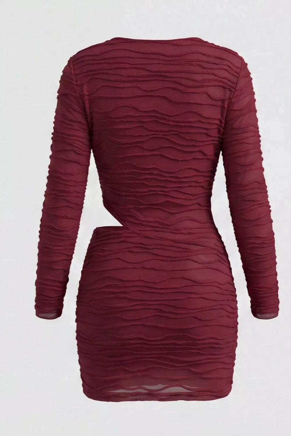 Ruched Cutout Cowl Neck Long Sleeve Mini Dress