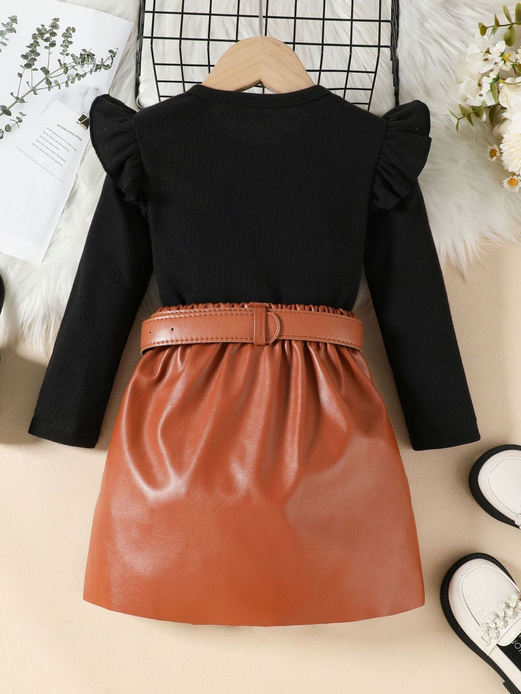 Children's Ruffle Trim Top & Faux Leather Pleated Skirt Set