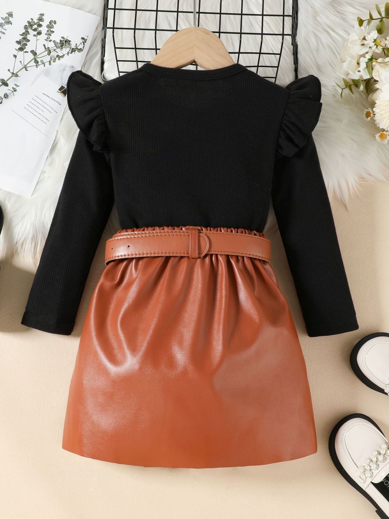 Children's Ruffle Trim Top & Faux Leather Pleated Skirt Set
