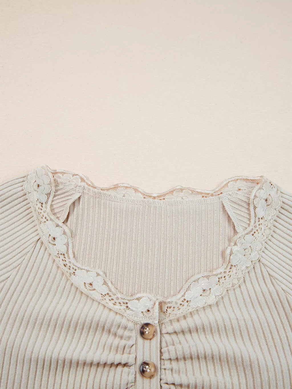 Lace Neckline Button Decor Lettuce Edge Long Sleeve Ribbed Top