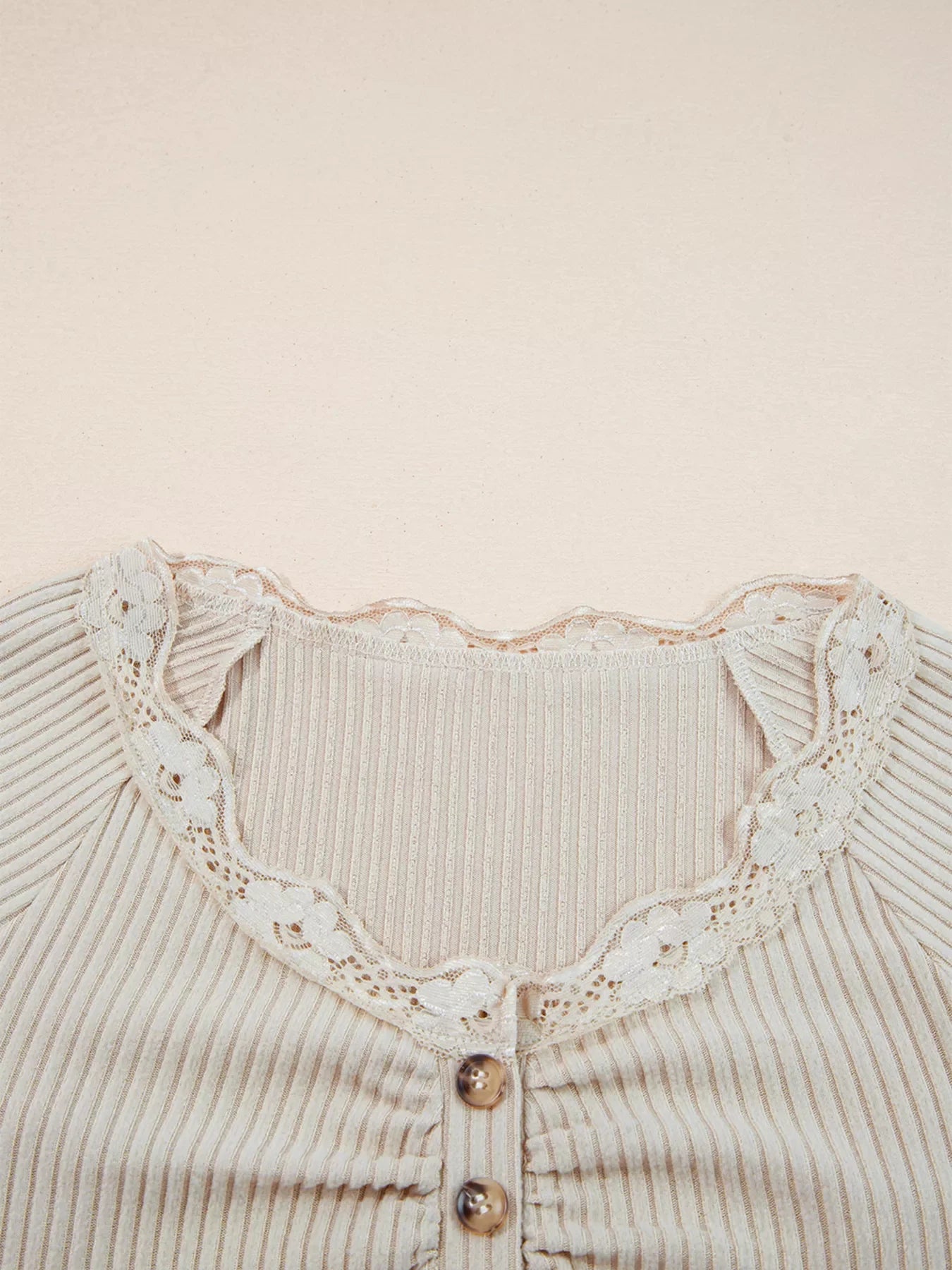 Lace Neckline Button Decor Lettuce Edge Long Sleeve Ribbed Top